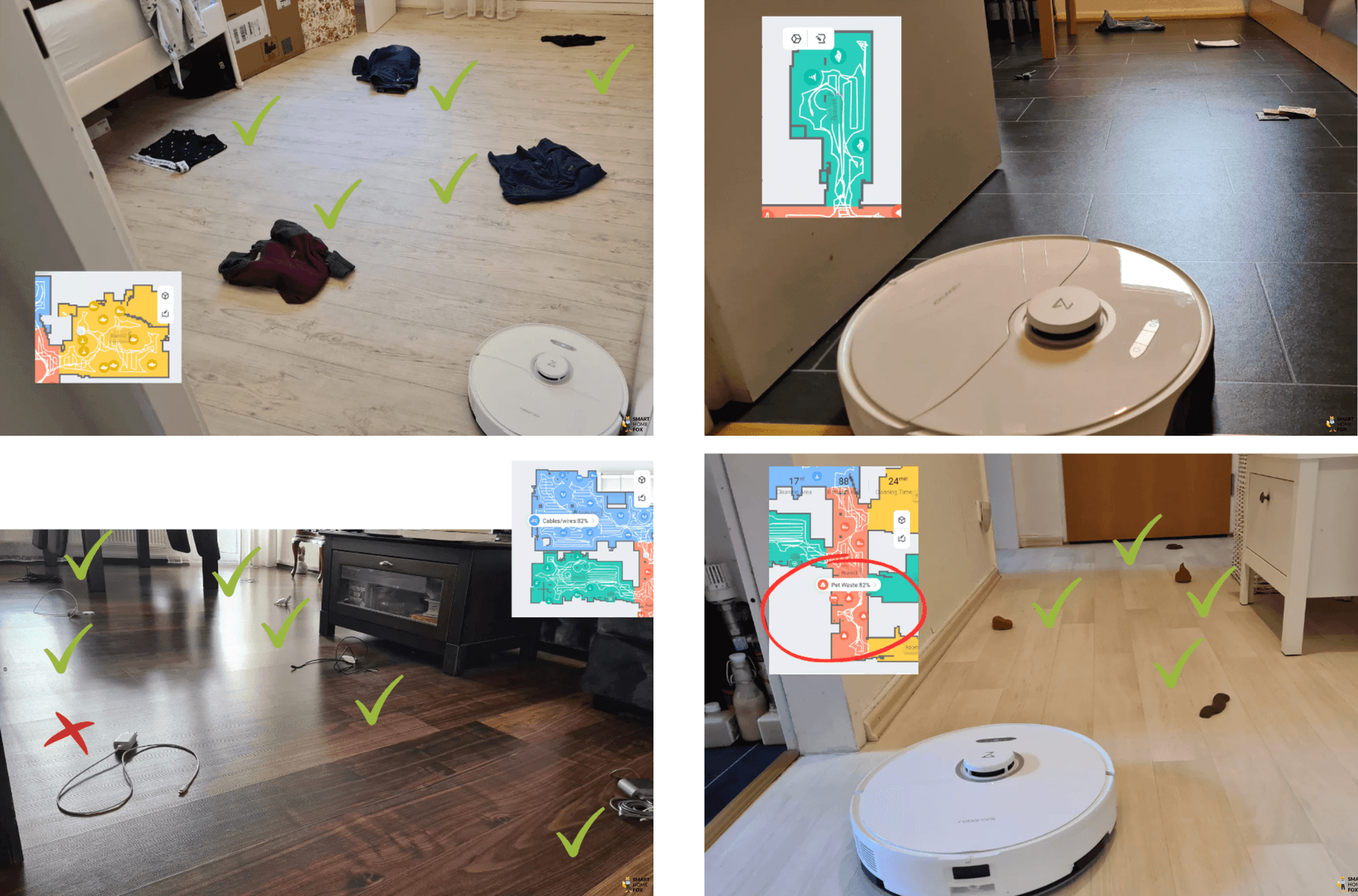 Eine Übersicht der Testergebnisse des Roborock S8 Pro Ultra bei der Hinderniserkennung ist zu sehen.